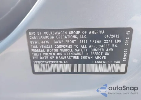 2012 Volkswagen Passat 2.5L Sel Premium from USA, damaged, VIN 1VWCP7A32CC079746